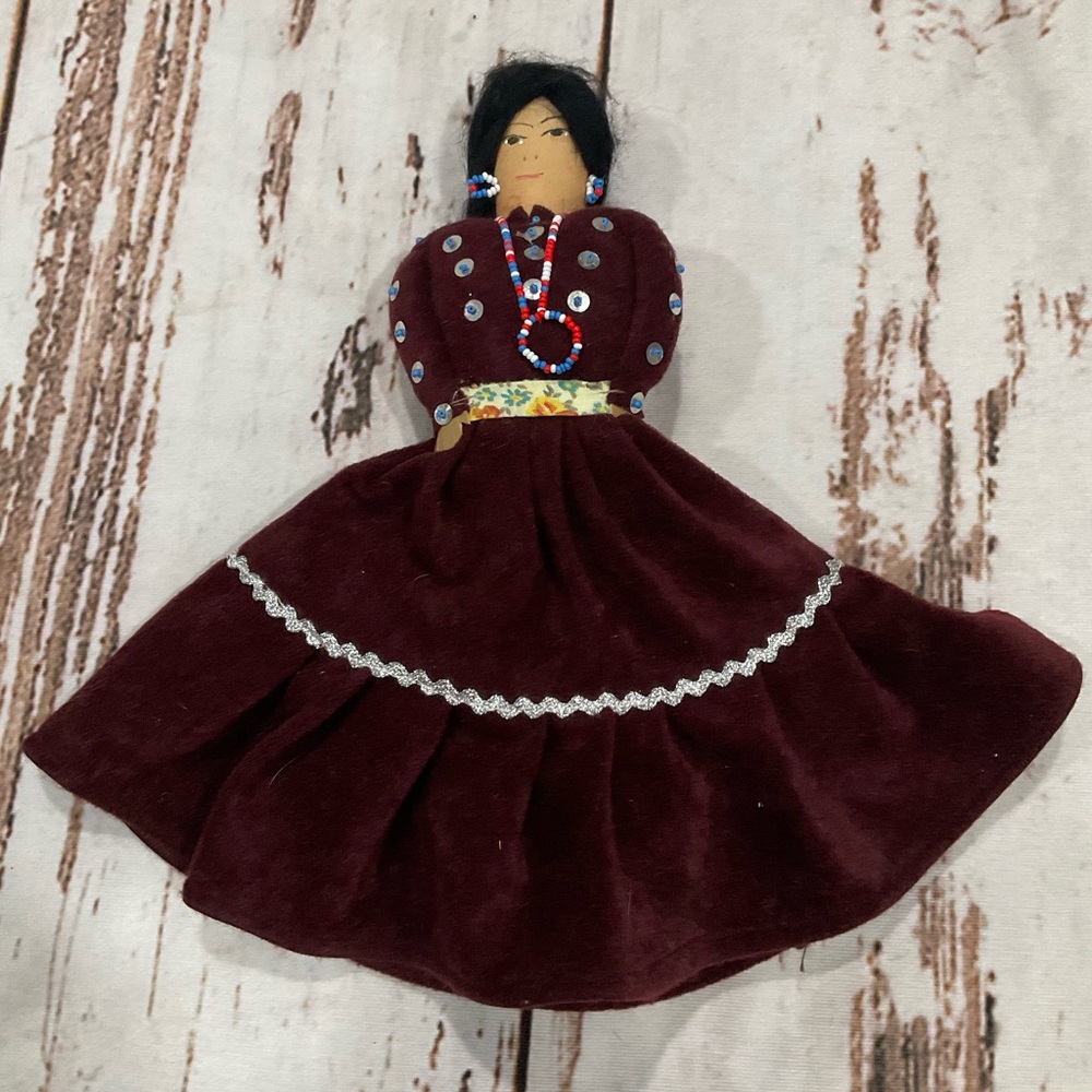VINTAGE NAVAJO HANDMADE 10” DOLL IN‎ BURGUNDY VELVET DRESS